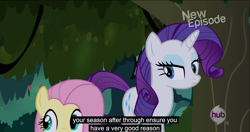 Size: 1151x609 | Tagged: safe, screencap, fluttershy, rarity, pegasus, pony, unicorn, castle mane-ia, meme, youtube caption