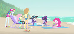 Size: 2272x1054 | Tagged: safe, derpibooru import, screencap, applejack, fluttershy, pinkie pie, rainbow dash, rarity, sci-twi, spike, spike the regular dog, twilight sparkle, dog, better together, equestria girls, forgotten friendship, ass, beach, beach towel, feet, flip-flops, humane five, humane six, legs, midriff, sandals