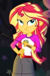 Size: 314x473 | Tagged: safe, screencap, sunset shimmer, equestria girls, legend of everfree, camp everfree outfits, clothes, cropped, eating, flower, lidded eyes, looking at you, puffy cheeks, shorts, solo, sun, tree