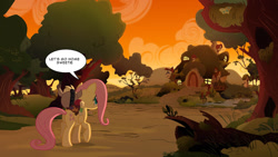 Size: 1280x720 | Tagged: safe, artist:anima-dos, discord, fluttershy, pegasus, pony, ask baby discord, askdiscordbaby, baby discord, carrying, fluttershy's cottage, single panel, sunset