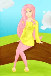 Size: 700x1050 | Tagged: safe, artist:cookiekhaleesi, fluttershy, human, cute, humanized, light skin, sitting, solo