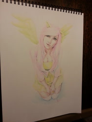 Size: 1024x1365 | Tagged: safe, artist:piratezombi3, fluttershy, clothes, cosplay, jessica nigri, solo, sweater, sweatershy, traditional art