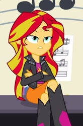 Size: 387x585 | Tagged: safe, screencap, sunset shimmer, equestria girls, rainbow rocks, annoyed, boots, clothes, cropped, crossed arms, crossed legs, female, high heel boots, jacket, leather jacket, lidded eyes, music notes, piano, skirt, solo, unamused