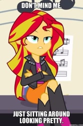 Size: 600x906 | Tagged: safe, edit, edited screencap, screencap, sunset shimmer, equestria girls, rainbow rocks, annoyed, boots, clothes, cropped, crossed arms, female, high heel boots, image macro, jacket, leather jacket, meme, piano, solo, unamused