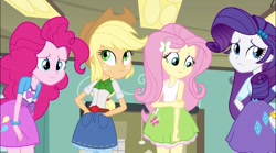 Size: 1132x631 | Tagged: safe, screencap, applejack, fluttershy, pinkie pie, rarity, equestria girls, equestria girls (movie), liar face, liarjack, scrunchy face