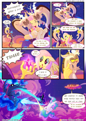 Size: 3500x4950 | Tagged: safe, artist:light262, artist:lummh, discord, fluttershy, nightmare moon, princess celestia, princess luna, alicorn, pegasus, pony, comic:timey wimey, absurd resolution, blast, comic, cute, dialogue, female, fight, hug, magic, magic blast, mare, royal sisters, self paradox, self ponidox, shyabetes, speech bubble