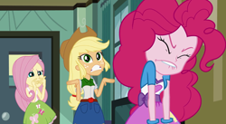 Size: 1338x732 | Tagged: safe, screencap, applejack, fluttershy, pinkie pie, equestria girls, equestria girls (movie), faic, lip bite, rage