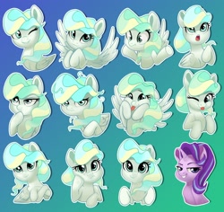 Size: 2287x2160 | Tagged: safe, artist:taneysha, starlight glimmer, vapor trail, pegasus, pony, unicorn, crossed hooves, cute, expressions, female, gradient background, lidded eyes, looking at you, mare, one eye closed, one of these things is not like the others, open mouth, silly, silly pony, smiling, smug, smuglight glimmer, spread wings, squishy cheeks, sticker, tongue out, vaporbetes, wings
