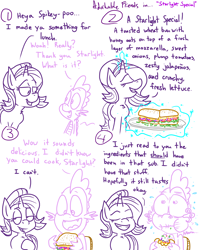 Size: 4779x6013 | Tagged: safe, artist:adorkabletwilightandfriends, spike, starlight glimmer, dragon, pony, unicorn, comic:adorkable twilight and friends, absurd resolution, adorkable friends, comic, expression, food, hoagie, humor, lineart, magic, sandwich, slice of life, special, sub sandwich