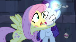 Size: 1270x705 | Tagged: safe, screencap, fluttershy, rarity, pegasus, pony, unicorn, castle mane-ia, derp, duo, faic, female, glowing horn, hub logo, hubble, light spell, magic, mare, new episode, tally marks