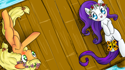 Size: 1920x1080 | Tagged: safe, artist:lilmisswaffles, applejack, rarity, butterfly, earth pony, pony, unicorn, alternate hairstyle, filly, floral head wreath