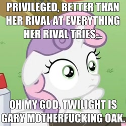 Size: 500x500 | Tagged: safe, derpibooru import, edit, edited screencap, screencap, sweetie belle, twilight sparkle, pony, unicorn, ponyville confidential, female, filly, gary motherfucking oak, horn, pokémon, solo, sudden clarity sweetie belle, text, two toned mane, vulgar, white coat, wide eyes