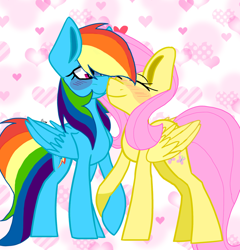 Size: 1024x1065 | Tagged: safe, artist:circuspaparazzi5678, derpibooru import, fluttershy, rainbow dash, pegasus, pony, base used, blushing, female, flutterdash, folded wings, heart, holding hooves, kissing, lesbian, mare, shipping, smiling, standing, wings