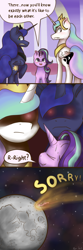 Size: 1000x3000 | Tagged: safe, artist:kysimon, princess celestia, princess luna, starlight glimmer, alicorn, pony, unicorn, banishment, comic, female, glowing eyes, glowing eyes of doom, mare, moon, red eyes, swapped cutie marks, sweat, sweatdrop, the emperor's new groove, to the moon