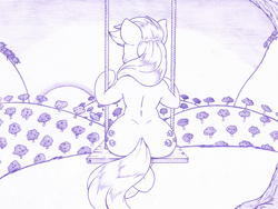 Size: 1286x966 | Tagged: safe, artist:joey darkmeat, applejack, earth pony, pony, monochrome, solo, sunset, swing, traditional art, wide hips