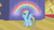 Size: 1280x720 | Tagged: safe, derpibooru import, screencap, rainbow dash, pegasus, pony, boast busters, curtain, female, mare, musical instrument, rainbow, solo, sparkles, stage, trumpet