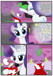 Size: 1741x2500 | Tagged: safe, artist:pyruvate, rarity, spike, dragon, pony, unicorn, comic:dragon queen, comic, crossdressing, female, male, shipping, sissy, sparity, straight