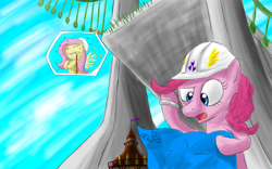 Size: 7680x4800 | Tagged: safe, artist:reginart-renart, fluttershy, pinkie pie, earth pony, pegasus, pony, absurd resolution, bridge, engineering, hard hat, hat, town hall