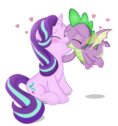 Size: 1796x1912 | Tagged: safe, alternate version, artist:invisibleink, spike, starlight glimmer, dragon, pony, unicorn, season 8, blushing, duo, eyes closed, female, flying, heart, kissing, male, mare, shipping, simple background, sparlight, straight, transparent background, winged spike