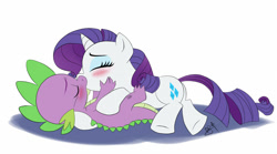 Size: 1000x555 | Tagged: safe, artist:pia-sama, rarity, spike, dragon, pony, unicorn, blushing, female, kissing, male, shipping, sparity, straight