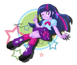 Size: 2500x2128 | Tagged: safe, artist:danmakuman, derpibooru import, twilight sparkle, equestria girls, clothes, skirt, wink