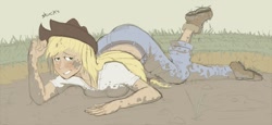 Size: 1150x529 | Tagged: safe, artist:jakneurotic, applejack, human, dirty, humanized, mud, prone, solo