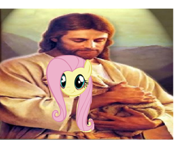 Size: 2608x2128 | Tagged: safe, fluttershy, pegasus, pony, sheep, female, jesus christ, mare, religion