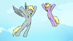 Size: 1920x1080 | Tagged: safe, artist:shinmera, derpy hooves, dinky hooves, pegasus, pony, unicorn, female, hooves up, mare