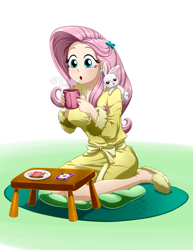 Size: 700x907 | Tagged: safe, artist:pia-sama, angel bunny, fluttershy, human, clothes, coffee, cup, cute, drink, female, food, humanized, light skin, mug, open mouth, pet, plate, robe, shyabetes, sitting, slippers, table, toast