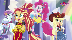 Size: 1366x768 | Tagged: safe, screencap, applejack, pinkie pie, sugarcoat, sunny flare, sunset shimmer, dance magic, equestria girls, spoiler:eqg specials, adoraflare, alternate hairstyle, clothes, cowboy hat, cute, glasses, hat, jackabetes, open mouth, ponied up, shimmerbetes, skirt, sugarcute, teletoon