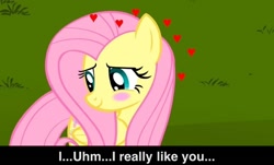 Size: 768x465 | Tagged: safe, fluttershy, pegasus, pony, blushing, bronybait, heart, solo