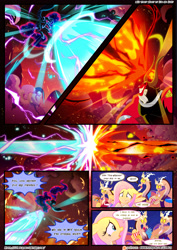 Size: 3500x4950 | Tagged: safe, artist:light262, artist:lummh, discord, fluttershy, lord tirek, nightmare moon, pegasus, pony, comic:timey wimey, beam struggle, blast, comic, dialogue, fight, magic, magic blast, speech bubble