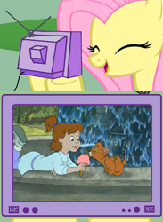 Size: 563x771 | Tagged: safe, fluttershy, pegasus, pony, disney, exploitable meme, happy, jenny foxworth, meme, obligatory pony, oliver, oliver and company, tv meme