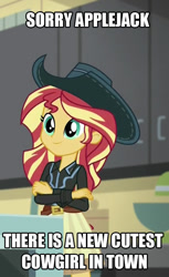 Size: 464x758 | Tagged: safe, sunset shimmer, dance magic, equestria girls, spoiler:eqg specials, clothes, cowboy hat, cowgirl, crossed arms, female, hat, image macro, meme, skirt, solo, text