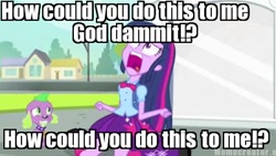 Size: 400x225 | Tagged: safe, derpibooru import, edit, edited screencap, screencap, spike, twilight sparkle, dog, equestria girls, equestria girls (movie), banjo kazooie: nuts and bolts, duo, exploitable meme, image macro, jontron, spike the dog, twiscream