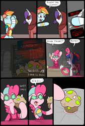 Size: 781x1156 | Tagged: safe, artist:metal-kitty, derpibooru import, pinkie pie, rainbow dash, rarity, twilight sparkle, twilight sparkle (alicorn), alicorn, earth pony, pegasus, pony, unicorn, comic:expiration date, bread monster, comic, crossover, engie pie, engineer, expiration date, female, laboratory, mare, medic, muffin, rainbow scout, rarispy, scout, self-aware beauty mark, spy, team fortress 2, twi medic