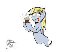 Size: 1337x1059 | Tagged: safe, artist:thethunderpony, derpy hooves, ghost, ghost pony, pegasus, pony, female, happy, mare, muffin, that pony sure does love muffins, tongue out