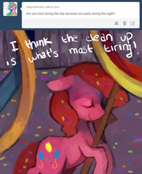 Size: 651x795 | Tagged: dead source, safe, artist:dhui, pinkie pie, earth pony, pony, female, mare, pink coat, pink mane, tired pie