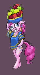 Size: 768x1408 | Tagged: safe, artist:snapai, pinkie pie, pony, bats!, apple, bipedal, chiquita banana, clothes, costume, dress, ear piercing, earring, fruit hat, hat, jewelry, piercing, solo