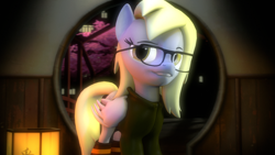 Size: 1920x1080 | Tagged: safe, artist:doritos-pope, derpy hooves, pegasus, pony, 3d, adorkable, alternate hairstyle, city, clothes, cute, dork, female, glasses, hoodie, japan, mare, night, socks, source filmmaker