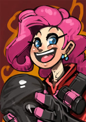 Size: 496x702 | Tagged: safe, artist:bittenhard, pinkie pie, human, blushing, crossover, humanized, light skin, looking at you, open mouth, pyro, smiling, solo, team fortress 2