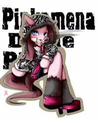 Size: 2169x2745 | Tagged: safe, artist:haruno hiroka, pinkie pie, earth pony, pony, semi-anthro, cigarette, clothes, gun, hoodie, pinkamena diane pie, pixiv, solo