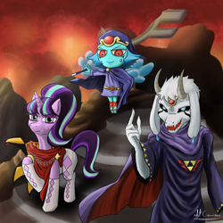 Size: 2000x2000 | Tagged: safe, artist:mitconnors, starlight glimmer, pony, unicorn, aquamarine (steven universe), asriel dreemurr, cartoon network, clothes, crossover, ghirahim, nintendo, steven universe, the legend of zelda, the legend of zelda: a link between worlds, the legend of zelda: skyward sword, the legend of zelda: the minish cap, triforce, undertale, vaati, wand, yuga