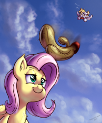 Size: 1250x1500 | Tagged: safe, artist:tadashi--kun, derpy hooves, fluttershy, pegasus, pony, cactus, chest fluff, cloud, cloudy, ear fluff, falling, female, mare, motion blur, oblivious, sky, this will end in pain, this will end in tears