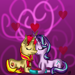 Size: 1536x1536 | Tagged: safe, artist:commandereclipse, starlight glimmer, sunset shimmer, pony, unicorn, clothes, duo, eyes closed, female, heart, kissing, lesbian, mare, shimmerglimmer, shipping, socks