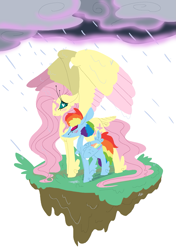 Size: 1155x1644 | Tagged: safe, artist:goatpaste, derpibooru import, fluttershy, rainbow dash, pegasus, pony, blushing, colored wings, female, floating island, flutterdash, heart eyes, lesbian, rain, shipping, tail feathers, wing umbrella, wingding eyes