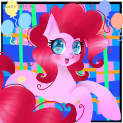 Size: 512x512 | Tagged: safe, artist:kyuniko, pinkie pie, earth pony, pony, balloon, blushing, solo