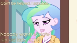 Size: 1280x720 | Tagged: safe, princess celestia, principal celestia, equestria girls, bronybait, cutie mark accessory, depressed, image macro, lidded eyes, meme, solo, text edit