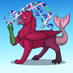 Size: 1000x1000 | Tagged: safe, artist:foxenawolf, oc, oc only, oc:flix, draconequus, griffon, fanfic:cosmic lotus, draconequus oc, fanfic, fanfic art, gradient background, male, solo