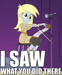 Size: 500x600 | Tagged: safe, edit, edited screencap, screencap, derpy hooves, equestria girls, rainbow rocks, bow (instrument), caption, derp, i see what you did there, image macro, microphone, musical instrument, musical saw, pun, reaction image, saw, solo, violin bow